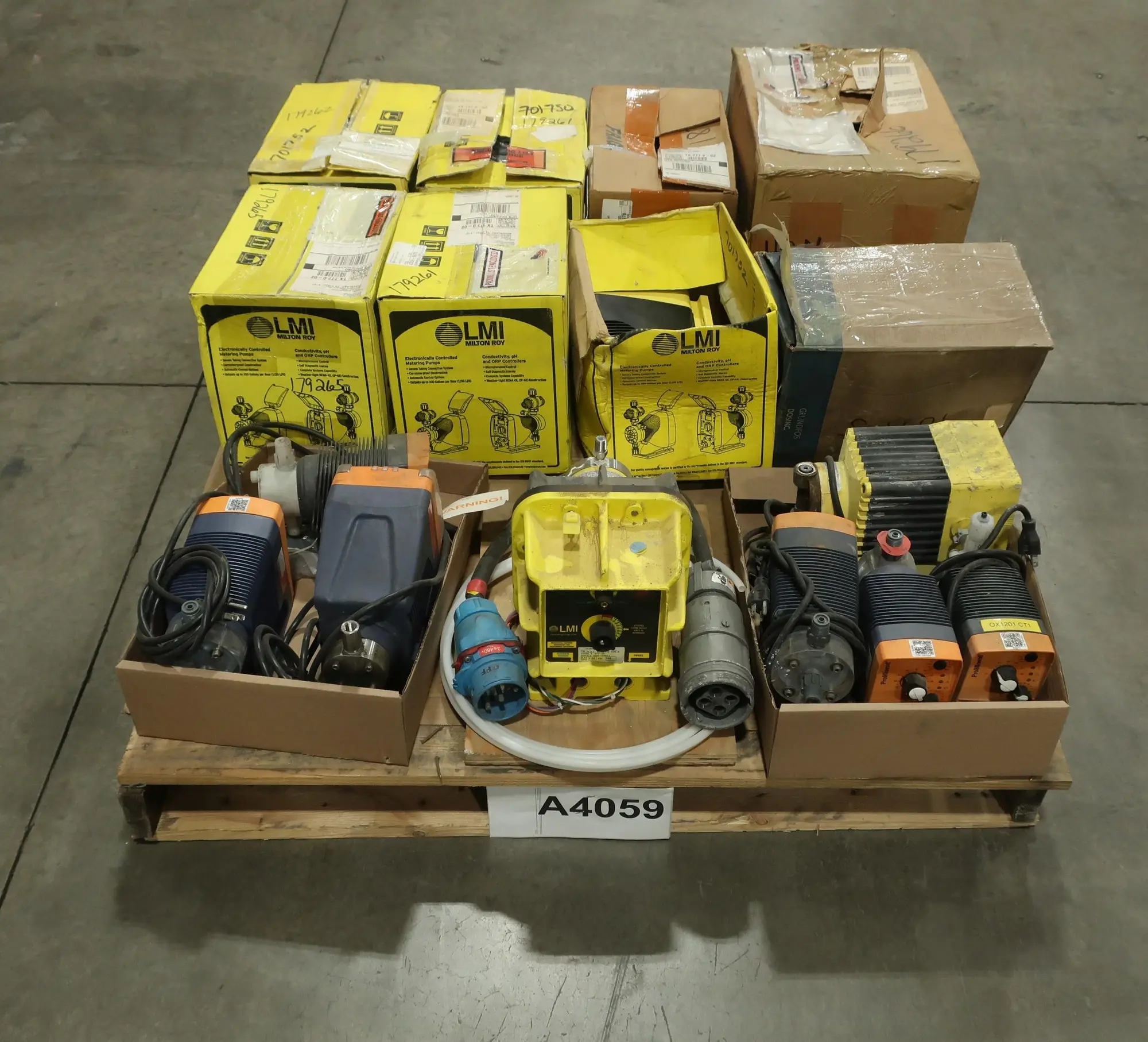 PALLET OF ASSORTED METERING PUMPS, MILTON ROY, LMI, PROMINENT