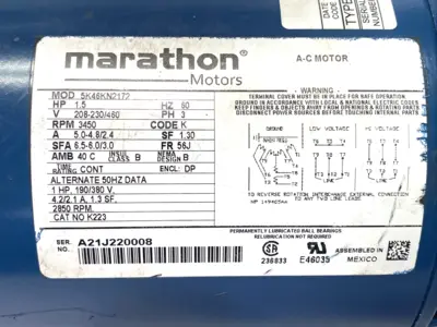 5K46KN2172, K223, G00780F | Marathon 5K46KN2172 Pump Motor 1.5HP 3PH 208-230/460V Code K, 3450rpm, K223 - New Other