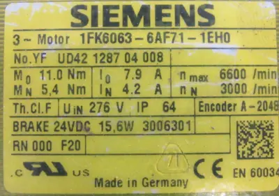 REFURBISHED SIEMENS 1FK6063-6AF71-1EH0 SYNCHRONOUS SERVO MOTOR 1FK60636AF711EH0