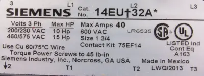 NEW SIEMENS 14EU32A MOTOR STARTER 14EU+32A
