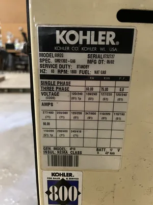 Kohler 60RZG 60kW Natural Gas Standby Generator Set <300 Hours