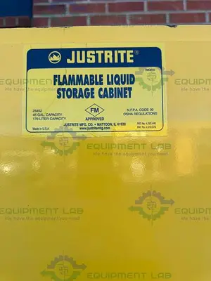 USED JUSTRITE 45 GALLON FLAMMABLE LIQUID STORAGE CABINET W/ SHELVES, KEY