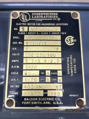 Used Baldor VM7071T Motors (misc) Indiana US | J&J Industrial Supply #1354024