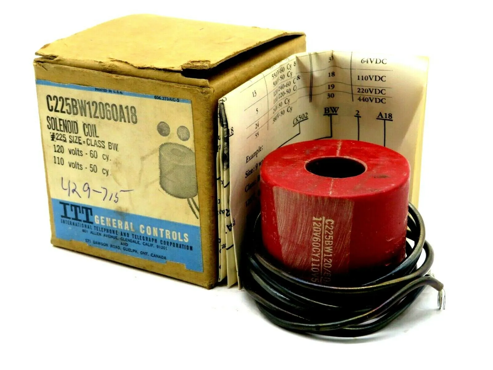 NEW ITT C225BW12060A18 SOLENOID COIL 120V60CY 110V50CY
