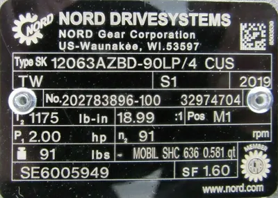 NEW NORD SK12063AZBD-90LP/4-CUS-TW GEARMOTOR SK90LP/4-CUS-TW 18.99:1