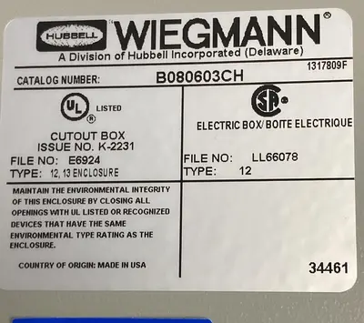 New | in-Stock WIEGMANN B080603C Miscellaneous Equipment (Electrical & Power) | Surplus Asset Holdings #1189862