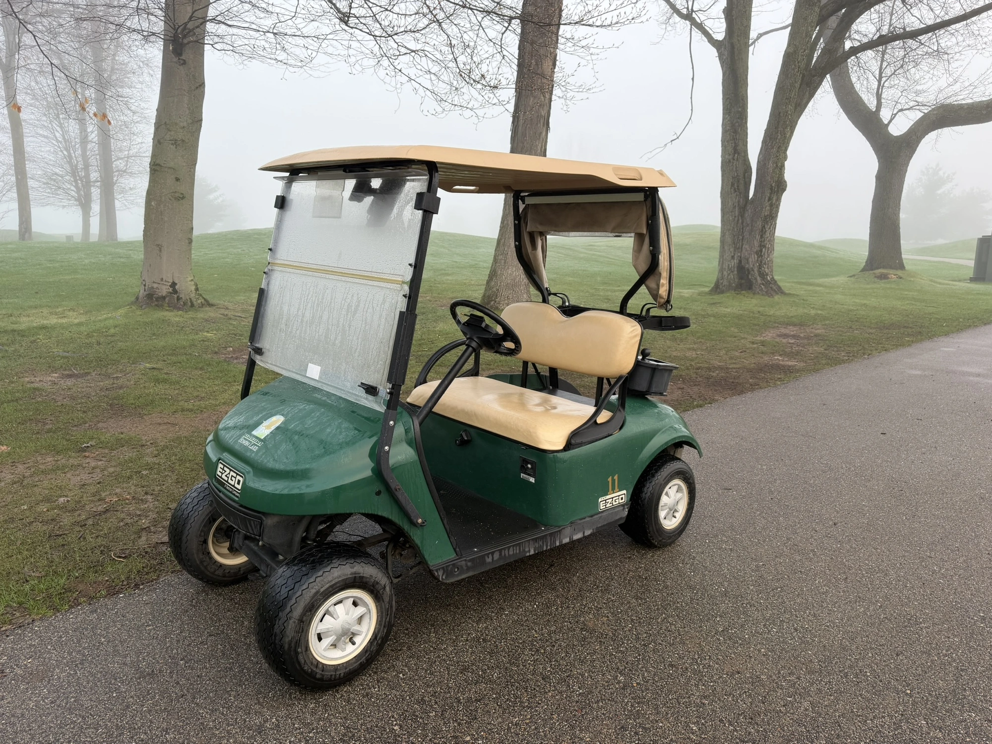 (1) 2015 E-Z-Go golf cart with a Kawasaki gas engine, includes canopy, ball cover, club cover, fold-...