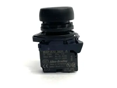 800F-X10,800F-ALP,800FP-E2 | Allen Bradley 800FP-E2 Pushbutton Black w/ 800F-ALP Latch 800F-X10 Ser A Contact - Used