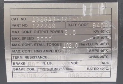 USED ALLEN BRADLEY 1326AB-B2E-11 SERVO MOTOR 122249, 1326ABB2E11