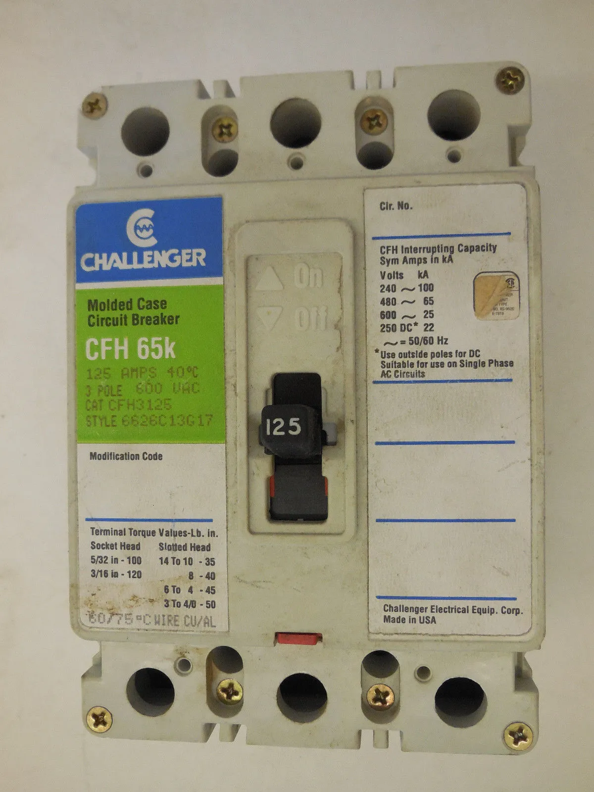 CHALLENGER CFH-65K CIRCUIT BREAKER CAT.# CFH3125 STYLE 6626C13G17 CFH65K