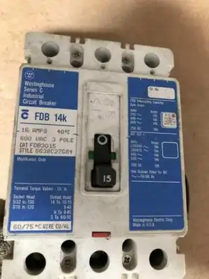 Westinghouse FDB3015 Circuit Breaker 15 Amp Molded case 600 VAC