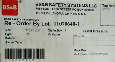 NEW BS&B 470799 RUPTURE DISC 8" DN 200 TYPE XN 300PSI