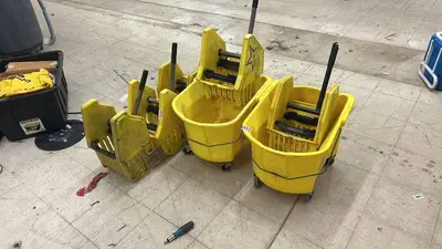 Lot of 3 Commercial Mop Buckets with Wringer Attachments