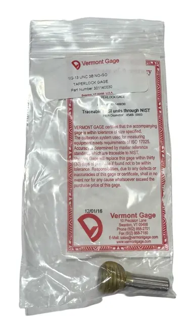 Vermont Gage 1/2"-13 UNC 3B NO-GO Taperlock Gage USA Made