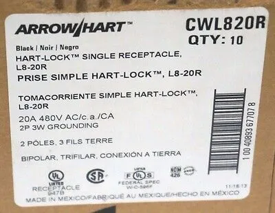 LOT OF 10 NEW COOPER ARROW HART CWL820R RECEPTACLES