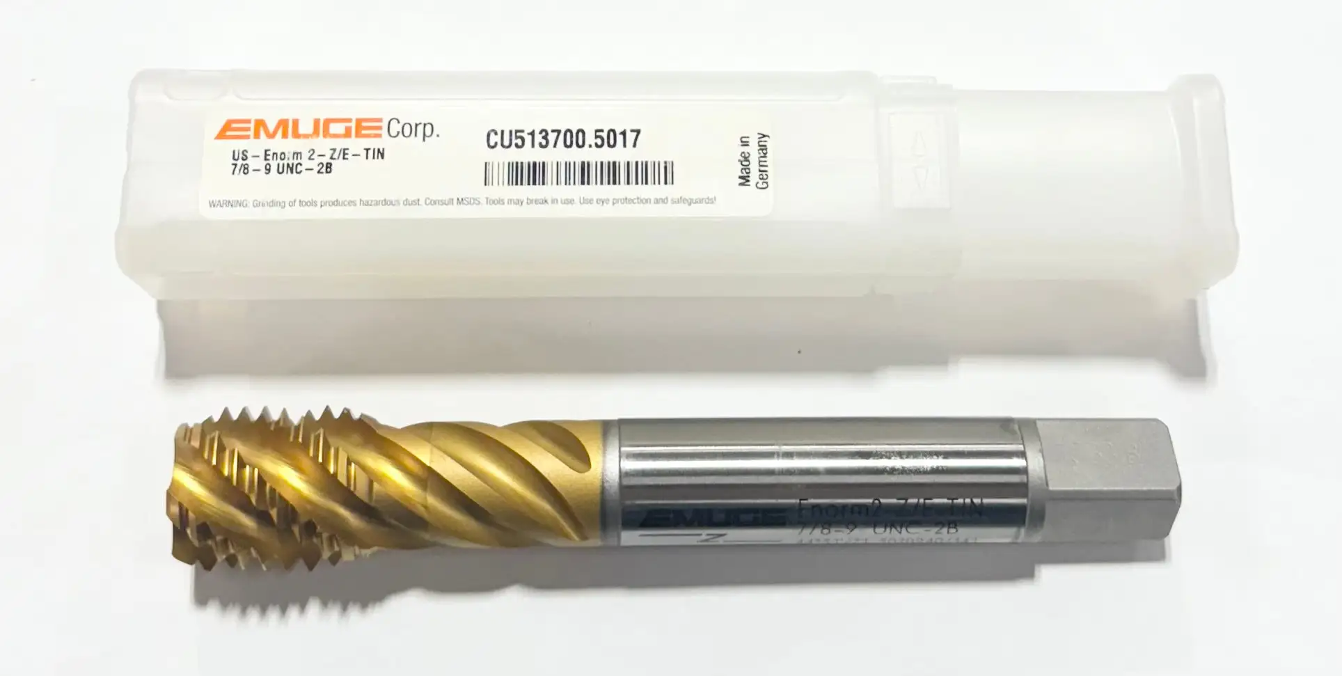 EMUGE 7/8"-9 Cobalt Spiral Flute Bottoming Tap Tin Coated 2B 5 Flute