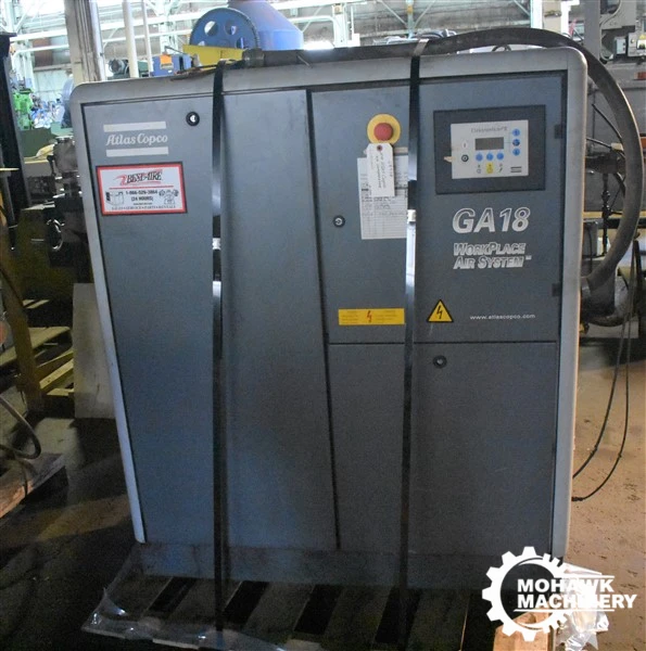 25 HP ATLAS COPCO “GA18 WORKPLACE” HORIZONTAL AIR COOLED AIR COMPRESSOR w/ELEKTRONIKON II CONTROL - 105.4 CFM - SOUND ENCLOSURE