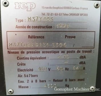 100 Ton/500cc REP Injection Press, Item # 1778