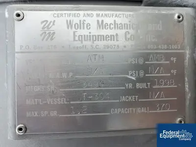 USED Wolfe Mechanical 370 Gal Wolfe Mechanical Mix Tank, 304 S/S, 3 HP
