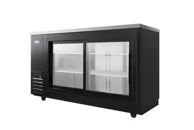 New | in-Stock Atosa New Atosa SBB69SGGRAUS2 69" Back Bar Cooler w/ Sliding Glass Door Shallow Depth (Black Exterior) Bottle Coolers Illinois US | Falcon Restaurant Supply #1375589