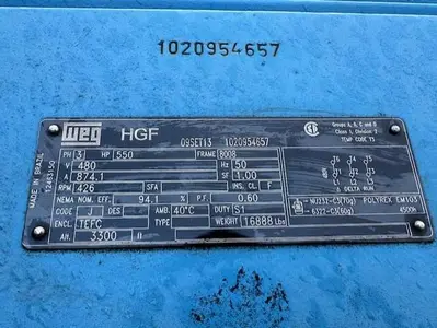 WEG 550 HP @ 426 RPM 50 Hz electric motor SN 1020954657