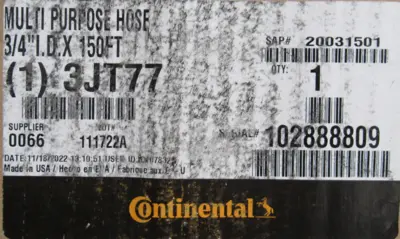 NEW CONTINENTAL 3JT77 MULTI PURPOSE HOSE 3/4" x 150FT 200PSI