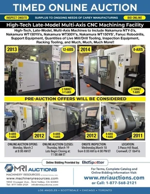 HIGH TECH LATE MODEL MULTI-AXIS MACHINE SHOP AUCTION - SURPLUS TO THE ONGOING NEEDS OF CAREY MFG
