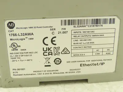 Allen Bradley 1766-L32AWA MicroLogix 1400 Controller Module 32Pt Series C. FW 21