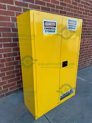 USED JUSTRITE 45 GALLON FLAMMABLE LIQUID STORAGE CABINET W/ SOFT CLOSE DOORS, KEY