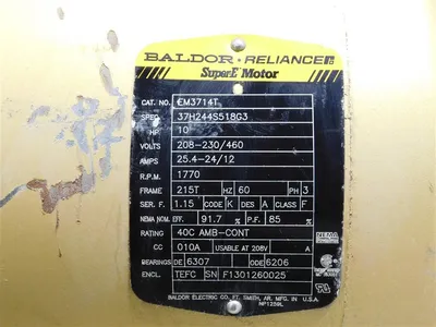 Baldor Reliance EM3714T Super-E Motor 10HP 208-230/460V 1770RPM 25.4-24/12A Used