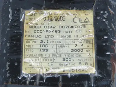 Fanuc A06B-0142-B076 AC Servo Motor 2.1kW 186v 3Ph 2000RPM Encoder A8600360T211
