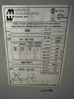 Used HAMMOND 175KVA Transformers | Surplus Asset Holdings #1202943