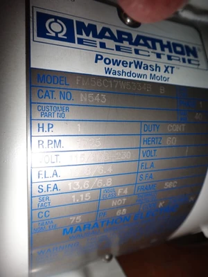 Marathon 1 hp, 1800 rpm, 56C frame motor