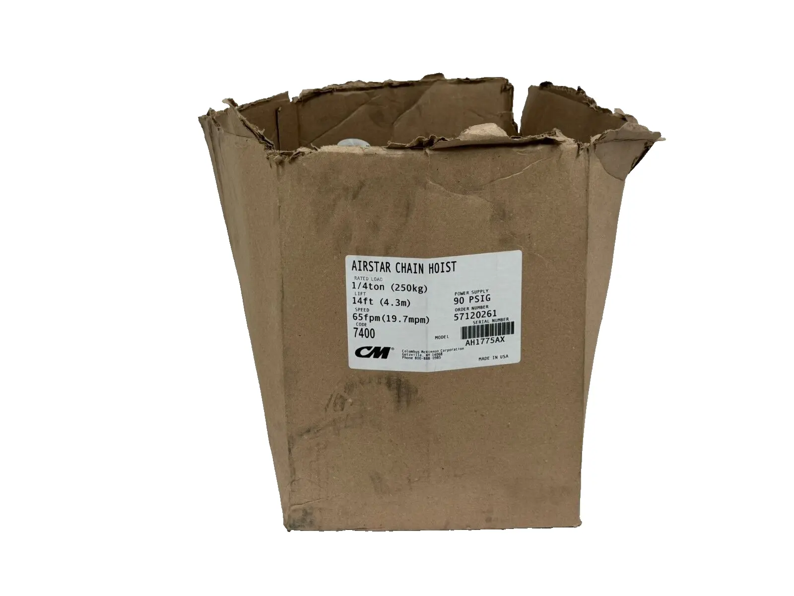 NEW CM AIRSTAR 7400 CHAIN HOIST 1/4-TON 14FT 65FPM 90PSIG W/ PENDANT