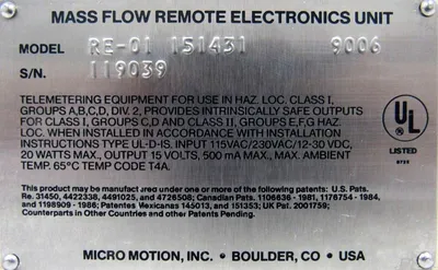 USED MICRO MOTION RE-01-151431 MASS FLOW REMOTE UNIT RE01151431