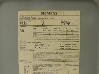 Siemens F351 ITE Enclosed Disconnect Switch Vacu-break 600VAC 30A 3Ph Lot of 2