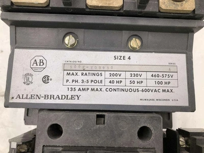 Allen Bradley 500F-E0D930 Series A Nema Size 4 135 A Feed-Through Contactor 600V