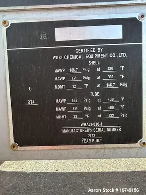 Used Wuxi Chemical Equipment Shell & Tube Heat Exchanger, 234 Sq Ft, Duplex 2205, 2023