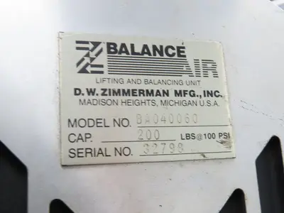 Ingersoll Zimmerman BA040060 Pneumatic Air Balancer 6' Travel 400Lb Swivel Mount