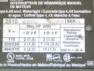 Square D 2510 KW2H Manual Motor Starter Switch 30A 10Hp 115-600V 1PH/3PH Ser B