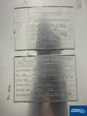 USED Allegheny Bradford 25 Liter Allegheny Bradford Jacketed Receiver Tank, S/S, 40/40#