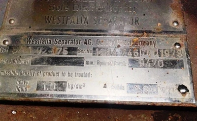 Westfalia SA 1-02-175 pilot plant separator, 316SS.