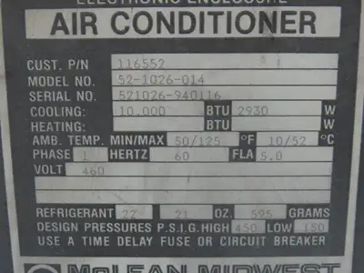 Mclean Midwest 52-1026-014 Electrical Enclosure Air Conditioner 10000 BTU 460V