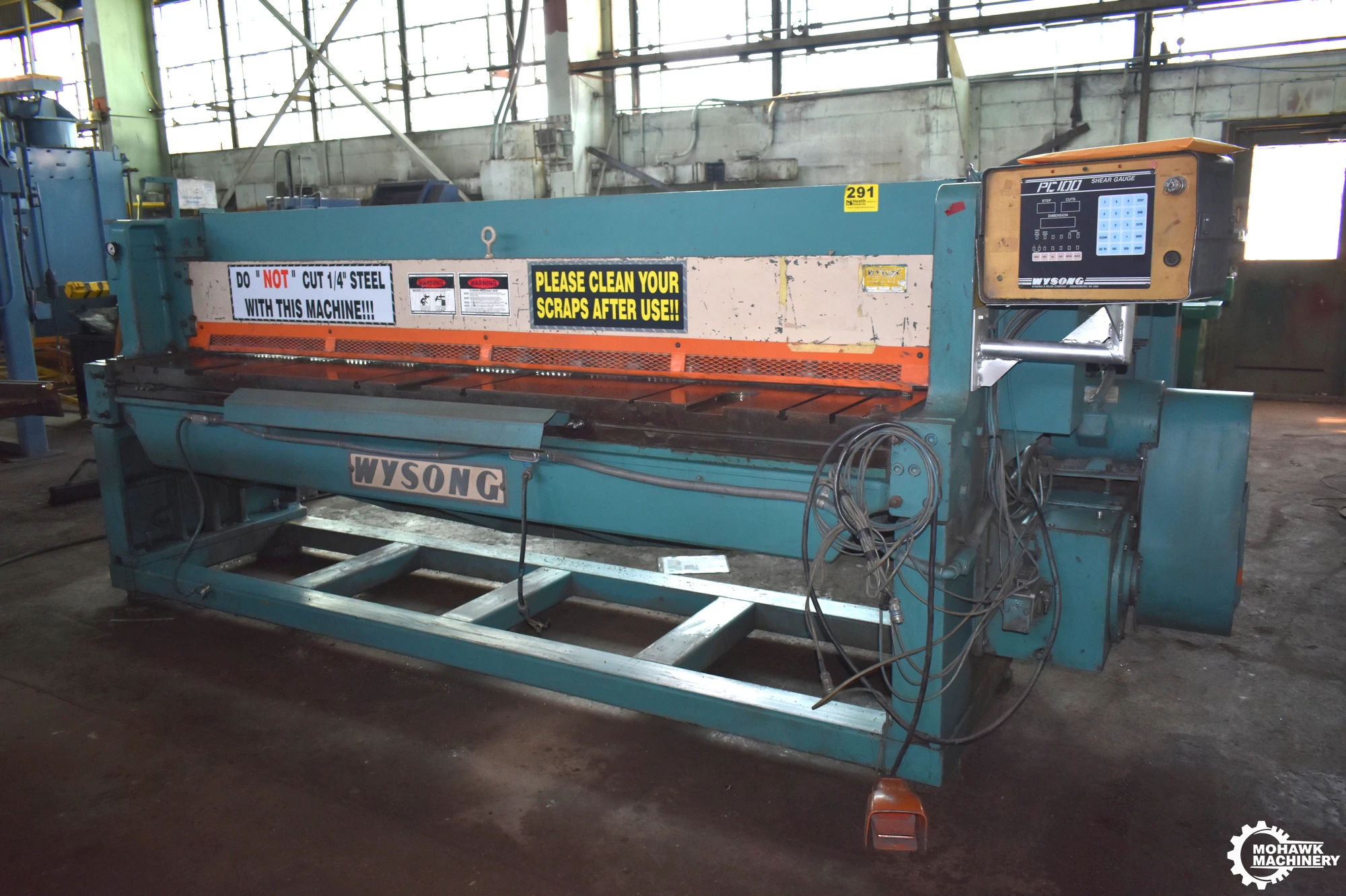 10' x 10 GA WYSONG "1010" CNC MECHANICAL POWER SQUARING SHEAR w/WYSONG “PC100” CNC CONTROL - 72” CNC POWER FRONT GAUGE - 72” CNC SQUARING ARM - 36” CNC BACK GAUGE