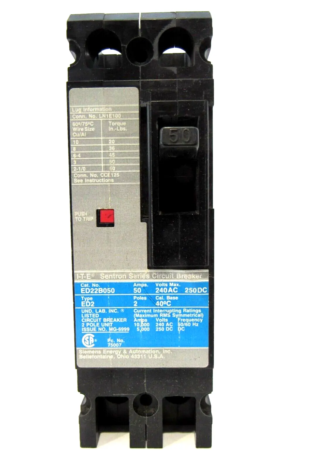 NEW SIEMENS ED22B050 CIRCUIT BREAKER 2 POLE 50A.