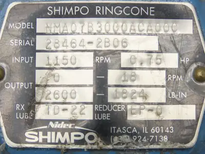 Nidec Shimpo RXC-750 Ringcone Inline Gearbox 0-18 RPM Adjustable Speed .75Hp 56C