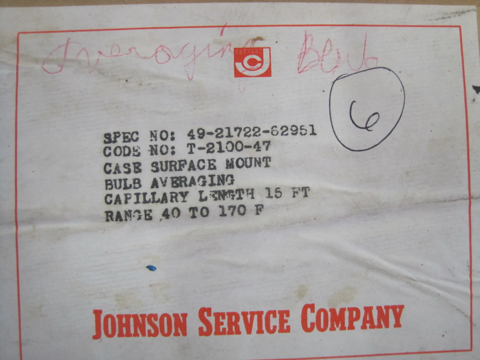 NEW JOHNSON CONTROL 49-21722-62951 T-2100-47