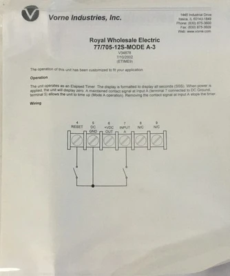 NEW Vorne Industries 77/705-12S-00-3