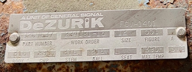 12" Dezurik Figure 551 Stainless Steel Valve Air Operated
