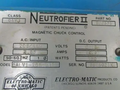 Electro-Matic CALV1-2084/12 P/N 022375 Magnetic Chuck Control 208/460 Volt 12VDC